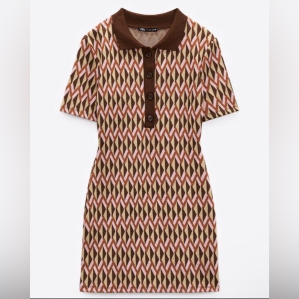 Zara Patterned Jacquard Brown Argyle Knit Polo Mini Dress-Size Medium-Pink/Brown